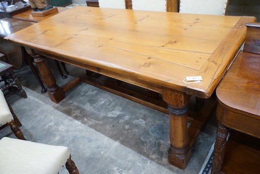 An 18th century style rectangular pine refectory dining table, length 198cm, depth 94cm, height 77cm